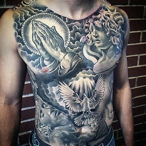Moreover, the unique shape of the shoulders allows for some extremely creative and unique designs. 43. Stomach Tattoos For Men. A stomach tattoo can give you a sexy look that’s easy to hide. However, be aware that stomach tattoos tend to look best on toned bodies and can stretch out if you gain weight. 44. Forearm Tattoos For Men 