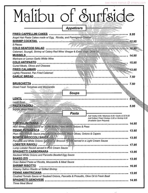 Jan 10, 2020 · Malibu of Surfside. Claimed. Review. Share. 422 reviews #7 of 65 Restaurants in Surfside Beach RR - RRR Italian Vegetarian Friendly Vegan Options. 815 Surfside Dr, Surfside Beach, SC 29575-3807 +1 843-945-4948 Website Menu. Closed now : See all hours. . 
