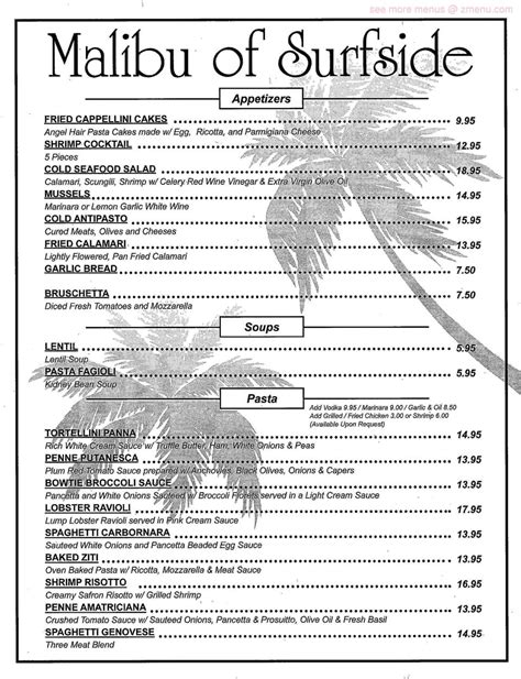 Malibu of surfside menu. Dine-in. Accepts Cash · Visa · American Express · Mastercard · Discover. Menu photos. View the Menu of Malibu of Surfside Restaurant in 815 Surfside Dr, Surfside Beach, … 