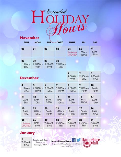 Here, we provide information on the mall's or store holiday hours, including Thanksgiving, Christmas, and Easter, as well as its opening and closing times on regular days. ... Please keep in mind that mall stores may operate on holiday schedules with shortened hours on "open" holidays. On these days, many businesses will open late or close .... 