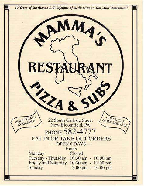 Mama's pizza new bloomfield pa. Mamma's Pizza & Restaurant is a casual restaurant in New Bloomfield, PA that serves pizza, subs and sandwiches. See the online menu, hours, directions, and customer reviews on Menupix.com. 