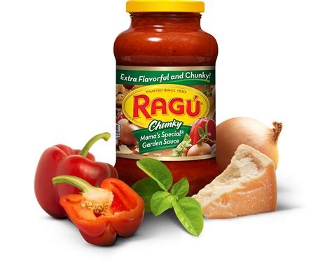 Product Details. Savor the hearty taste of Ragú Chunky Mama's Special Garden Pasta Sauce. Brimming with hearty vegetables, diced tomatoes and spices, our Chunky Sauces stay close to the roots and create a seasoned, well-balanced flavor in any meal. Vine ripened tomatoes, onions, red bell peppers, garlic, parmesan and romano cheese, and …. 