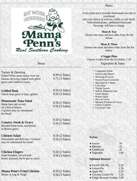  Located at 2802 N Main St, Anderson, South Carolina, Mama Penn's is a Southern cuisine restaurant specializing in breakfast and brunch dishes. Here are a few tips about Mama Penn's: 1. Try their famous Southern staples: Indulge in classic Southern dishes like fried chicken and waffles, biscuits and gravy, or shrimp and grits. 