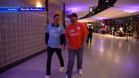 Man who battle leukemia meets bone marrow donor at Amerant Bank Arena during Hockey Fights Cancer night
