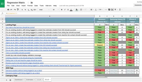 Manage regression testing with spreadsheets