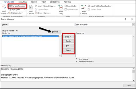 To open the Source Manager, on the References tab, in the Citations & Bibliography group, click the Manage Sources button: In the Source Manager dialog box: In the Search field, search a source you need by any information you have: by some letters, words of the title, author, by year, etc. . 