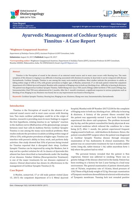 Management of the Cochlear Synaptic Tinnitus: A …