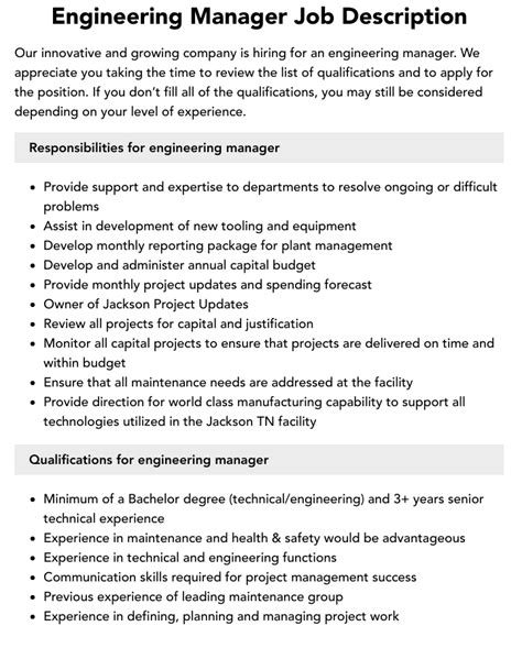 Manager Design Description Engineering Job