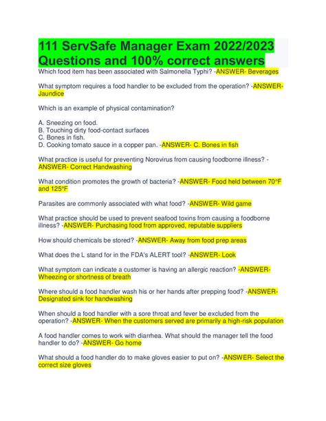 Manager servsafe exam answer sheet. What is the passing score for the ServSafe Food Protection Manager Examination? A passing score is 70% or higher. This is obtained by answering at least 56 out of 80 questions correctly. The exam has 90 questions; however there are 10 pilot questions that are for research purposes only. 