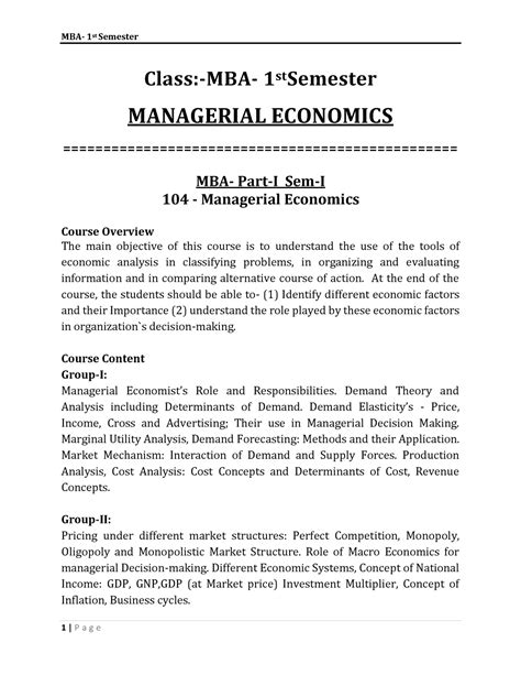 Managerial Economics Lecture Notes Mba