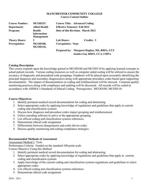 Manchester Community College Course Content Outline