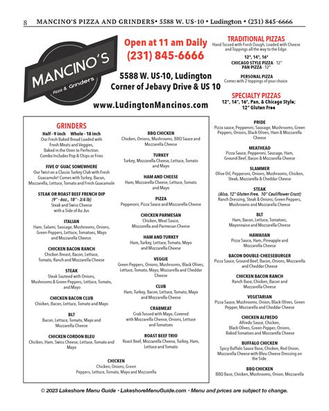The menu for Mancino's Pizza & Grinders may