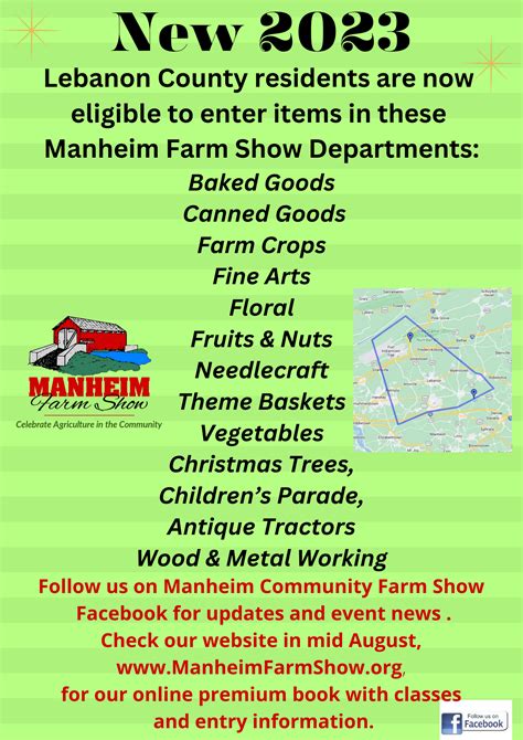 Manheim farm show. The Manheim Farm Show children’s parade will take place on Monday, Oct. 3, at 6:15 p.m. Judging will begin at 5:30 p.m. The children’s parade is open to any child age 10 and under. 