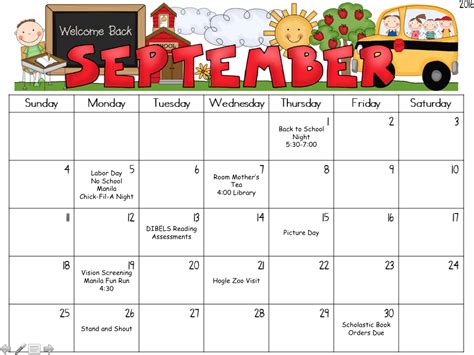 Manila 2nd Grade September Calendar