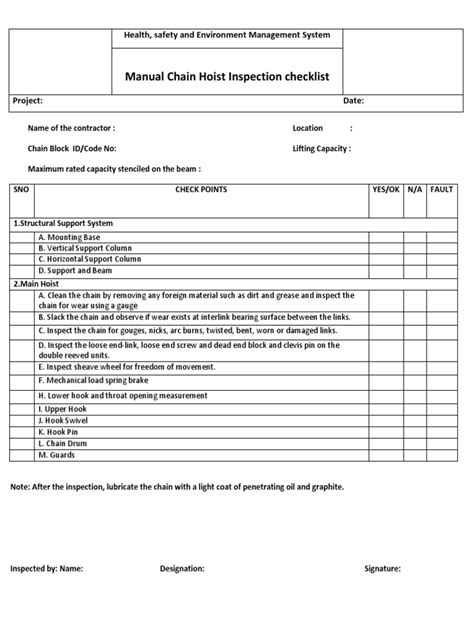 Manual Hoist Checklist