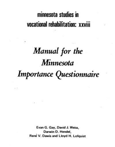 Manual for the counseling use of the minnesota importance questionnaire. - Chattanooga group vectra genisys service manual.