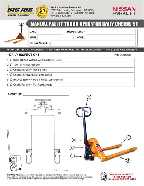 Manual hand pallet truck inspection checklist. - Pruebas de penetración con kali linux pwk.