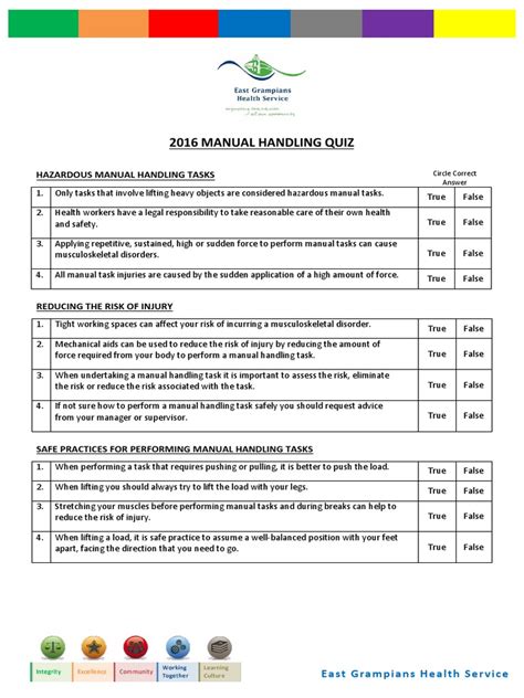 Manual handling questions for a quiz. - Parts and service manual ez 8 sander.