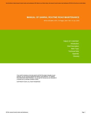 Manual of sanral routine road maintenance. - 04 polaris predator 500 repair manual.