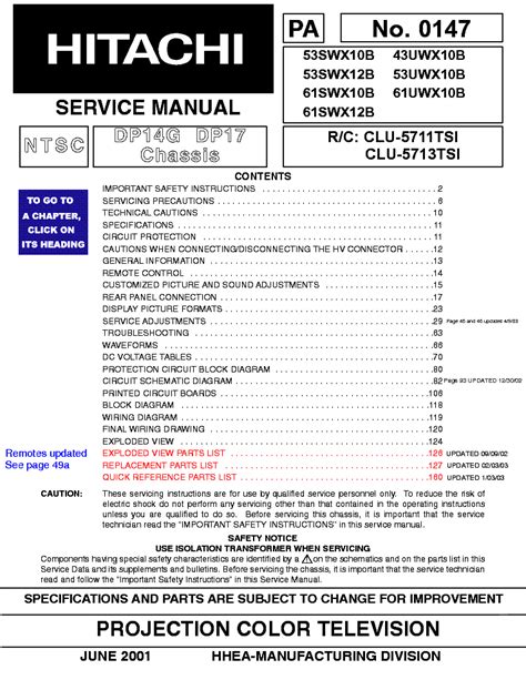 Manuale di servizio hitachi pa0147 61swx10b televisore a colori per proiezioni. - Mcgraw hill university physics solution manual.