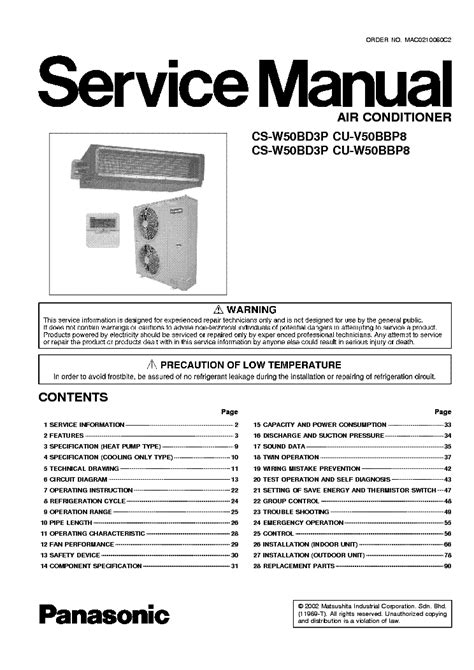 Manuale di servizio panasonic cs w50bd3p cu w50bbp8 air conditioner. - Pajero service manual 2010 ns nt.