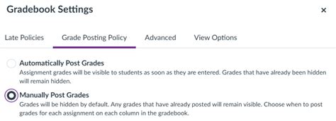 Manually post grades canvas.  Click the circle next to either Automatically Post G...