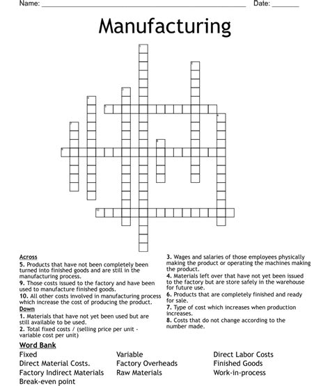 Crossword Clue. The crossword clue Manufacturing facility with 5 letters was last seen on the April 09, 2020. We found 20 possible solutions for this clue. We think the likely answer to this clue is PLANT. You can easily improve your search by specifying the number of letters in the answer.. 