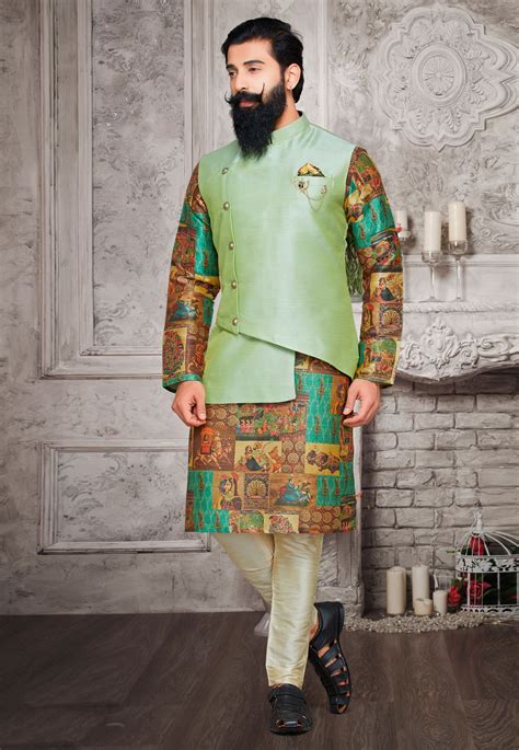 Manyavar - Classic Self Design Men’s Kurta Set in Pista Green …