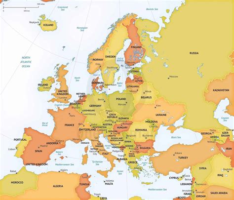 Europe Map. Europe is the planet's 6th largest continent AND includes 47 countries and assorted dependencies, islands and territories. Europe's recognized surface area covers about 9,938,000 sq km (3,837,083 sq mi) or 2% of the Earth's surface, and about 6.8% of its land area. . 