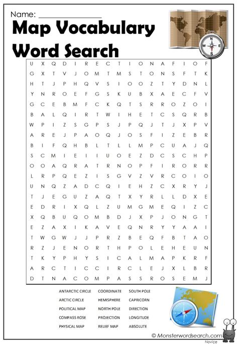 Map Vocabulary Word Search Monster Word Search
