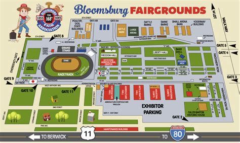 Bloomsburg Fairgrounds Map. 6TH STREET. GATE 6B. GATE 6A. CATTLE BARNS. SWINE BARNS. SMALL ARENA BARN. YODER BUILDING POULTRY, DOG, STATE BUILDINGS. CATTLE. GATE 8. BARN. ARENA. RESTROOMS. 5TH STREET. RESTROOMS. GATE 7. “F” AVE. TICKET OFFICE. RACE SEC. RESTROOMS. “E” AVE. GRAND STAND. BAND SHELL. GRAND STAND TICKET OFFICE. BLEACHERS. PADDOCK.. 