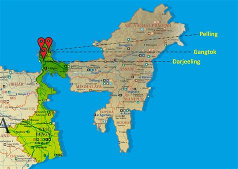 Map from Lachung to darjeeling