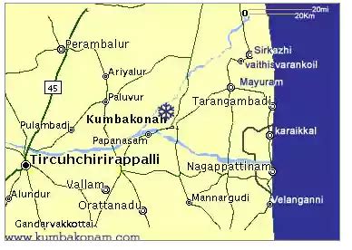 Map from Trichy to Vaitheeswaran Koil