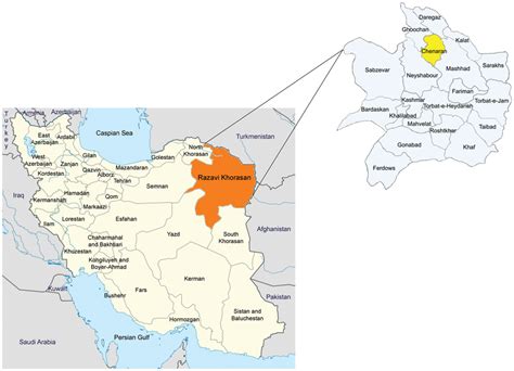 Map of Iran. Razavi Khorasan Province is highlighted by yellow …