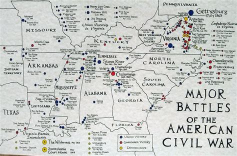Map of civil war battlefields. Battles of the Civil War Map. This comprehensive map shows major land campaigns, Union and Confederate troop movements, major Union naval campaigns, roads, railroads, battle outcomes and their impacts on the war, dates of capture by Union forces and more. Two inset maps – Battle for the Capitals and Turning Points of the War – as well as a ... 