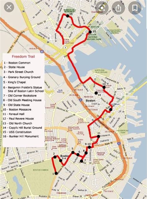 Map of the Freedom Trail. The Freedom Trail Sites. #1 Boston Common. #2 Massachusetts State House. #3 Park Street Church. #4 Granary Burying Ground. #5 King’s Chapel and Burying Ground. #6 Benjamin Franklin Statue and the Boston Latin School. #7 Old Corner Bookstore..