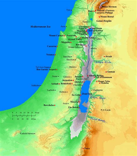 Map shows many of the places in the land of Israel that Jesus visited about 2000 years ago, as noted in the four Gospels (the books of Matthew, Mark, Luke and John). Click on any of the map markers and more information about that place will pop up. Below is a partial listing of places that Jesus visited during his ministry..