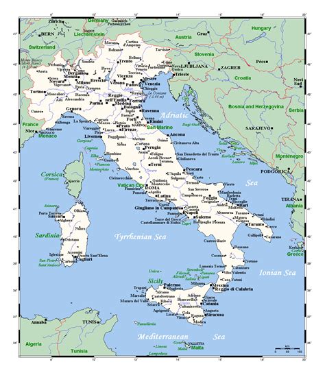 Large detailed map of Italy with cities and towns. This map shows cities, towns, highways, secondary roads, railroads, airports and mountains in Italy. You may download, print or use the above map for …