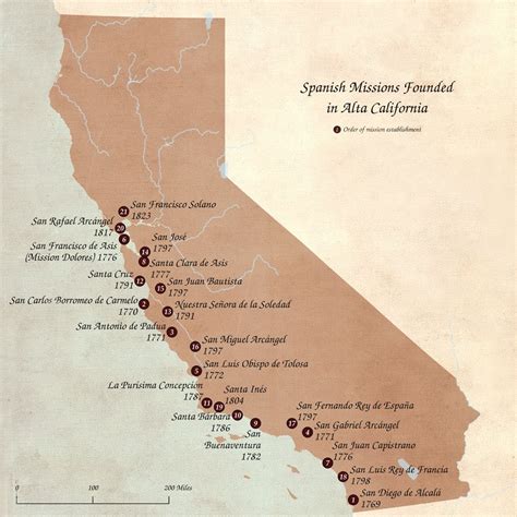 Map of missions in california. In 1769, Spanish Franciscan priest, Junipero Serra, was sent by the Spanish to establish a mission in California to extend Spanish hold into "Alta California." The first of 21 coastal missions, Mission San Diego de Alcala was created to establish a presence in the Pacific Coast as a result of the growing rule of British and Russians in the area. 