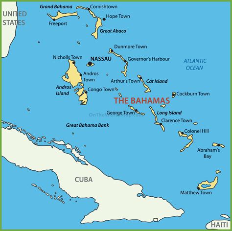 Overview. The Islands of the Bahamas lie between 20 and 27°N latitude and 72 and 79°W longitude. Separated from the North American Continent by the Florida Channel and cooled in the summer by the northeast trade winds. The Bahamas extends over 100,000 square miles of sea, with slightly less than half lying in the Tropics..