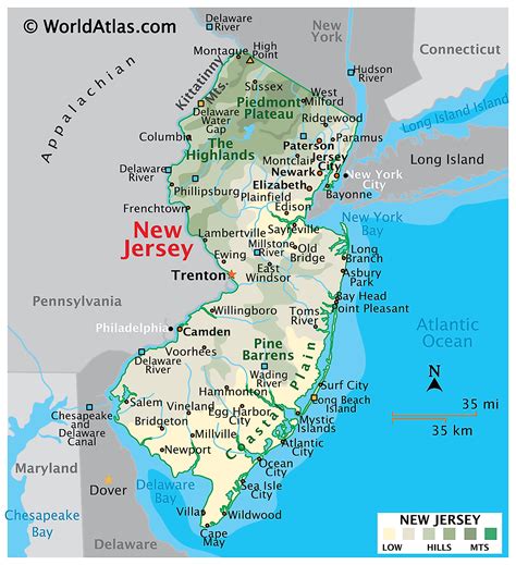 Map of new jersy. New Jersey Maps. New Jersey is the 46th largest state in the United States, and its land area is 7,417 square miles (19,210 square kilometers). Comprised of 21 counties, New Jersey is one of the most densely populated states in the nation. The majority of its citizens live in urban areas and suburbs near New York City and Philadelphia. 