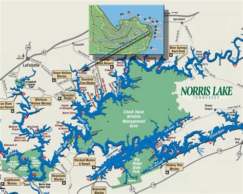 Map of norris lake. Deerfield Cove Marina is part of the Deerfield Resort and is a full service marina located in Lafollette, TN on Norris Lake. The marina offers boat slips, boat storage, launch ramp, fishing supplies, Tiki Bar restaurant and marina services. 