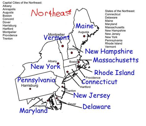 Map of northeast with capitals. Objective: Create a map of the Northeast region, including the state names, capital cities, and illustrations. Student Instructions. Click "Start Assignment". Fill in the blank map of the Northeast, including states and capitals OR create a map of your own using the individual states provided. Use the "search" bar to find regions and states. 