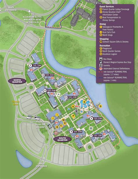 Map of port orleans french quarter. Click the image to enlarge the map–note it is not to scale, and exaggerates the size of Port Orleans French Quarter (purple on the right) compared to Riverside (green on the left). At French Quarter, buildings 1 and 7 are the least convenient, and 5 and 2 not only have no standard view rooms, but are also subject to pool noise. 