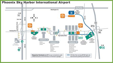  Find out the services, locations and transport options of terminals 3 and 4 at Phoenix Airport. See the PHX Sky Train schedule and the map of the airport to navigate easily. 