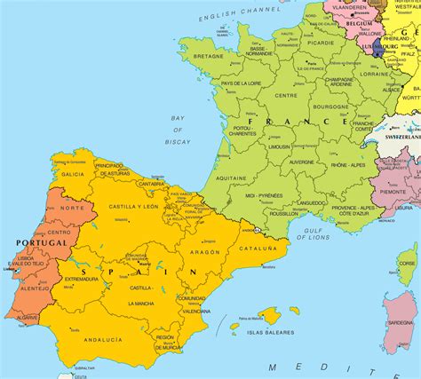 Map of spain and france. Map of France : key data. Administrative divisions : France is divided into 27 regions, 101 departments, 343 districts (arrondissements), 4 058 townships (cantons) and 36 699 Towns (communes). Population of France : In 2010, the population of France was estimated at 65 447 374 inhabitants. 