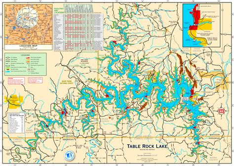 Map of table rock lake with mile markers. Table Rock is an artificial lake/reservoir in The Ozarks of southwestern Missouri and northwestern Arkansas. Its dense population of big bass–both smallmouth bass and largemouth bass, makes for a trophy bass lake. Table Rock draws major bass fishing tournament organizations like B.A.S.S. and F.L.W. Be sure to bring this Table Rock Lake map ... 