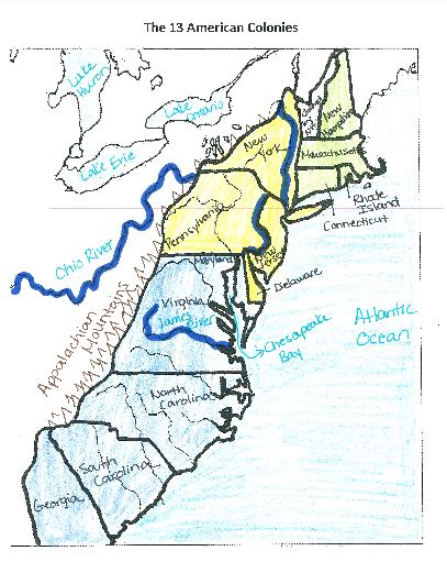 Map of thirteen colonies with rivers. 13 Colonies - Regions. Climate/Geography – Colonists in the New England colonies endured bitterly cold wintersand mild summers. Land was flat close to the coastline but became hilly and mountainous farther inland. Soil was generally poor and rocky, making farming difficult. Cold winters reduced the spread of disease. 