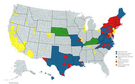 Map of where vehicle safety and/or emissions testing is required in the