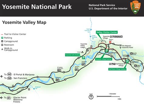 Map of yosemite valley. NPS runs a shuttle bus system that provides free transportation to visitors in Yosemite Valley. View a map of the shuttle routes and stops. There are two distinct routes: Yosemite Valley shuttle: provides service to eastern Yosemite Valley with stops at the VIsitor Center, all major lodges and campgrounds, stores, and trailheads. This shuttle ... 